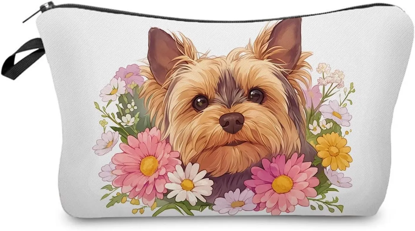 Floral Yorkshire Terrier Makeup Bag Small Organizer Bag Toiletry Zipper Pouch Adorable Yorkshire Terrier Cosmetic Bag Present for Dog Lovers Yorkshire Mom Women
