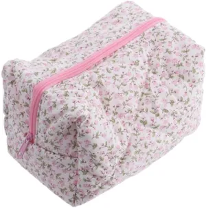 Flower Printed Makeup Bag, Quilted Cosmetic Pouch Puffy Makeup Bag Large Capacity Travel Storage Bag Toiletry Handbag for Women
