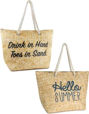 Funky Junque Stylish Straw Beach Tote Bag for Women - Summer Travel Shoulder Bag - Beach Quotes, Cattle Bags, Smiley Faces