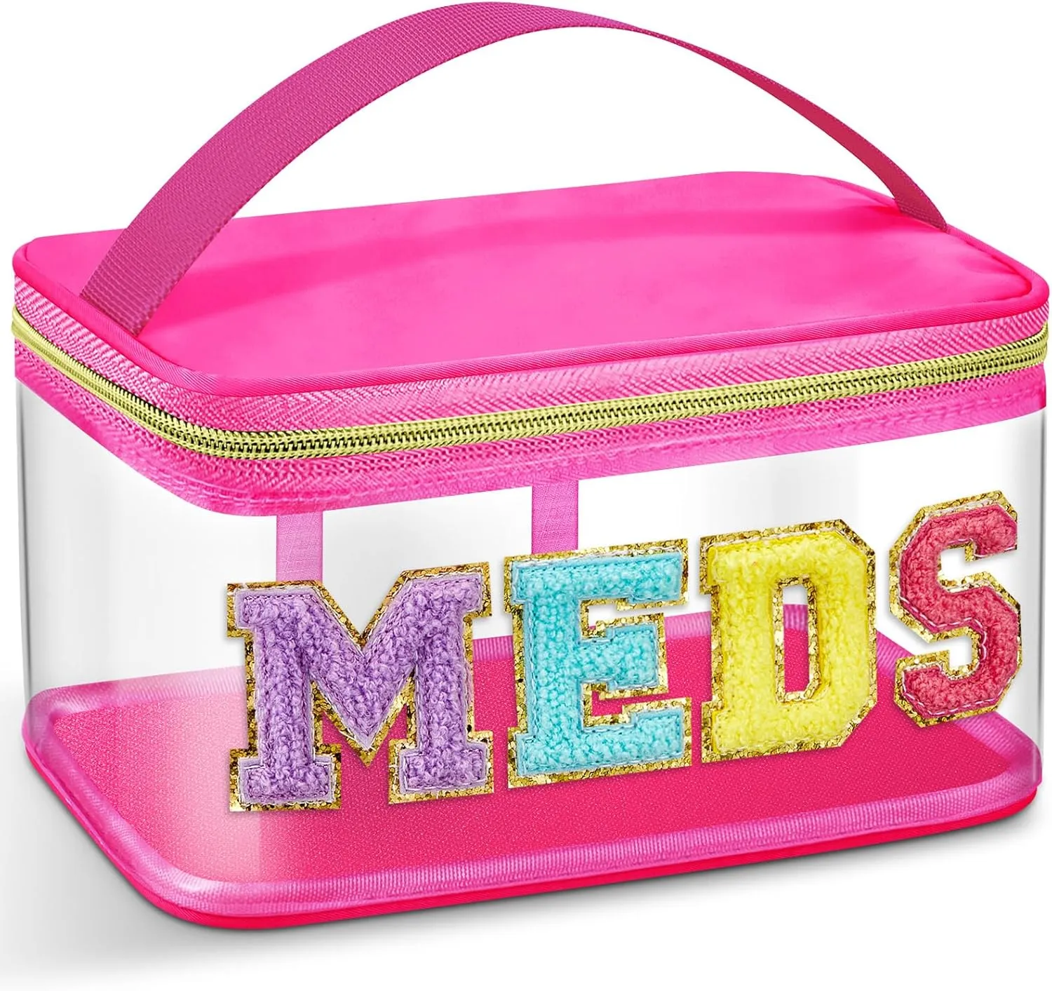 Geetery Chenille Letter Bag Nylon Makeup Portable Cases Preppy Patch Makeup Bag with Zipper Cosmetic Toiletry Storage case for Women(Hot Pink,Adorable Meds)