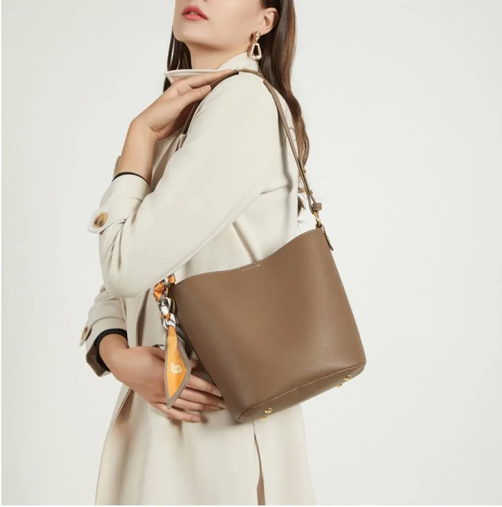 Genuine Leather Bucket Crossbody Bags for Women - Stylish Hobo Purses & Handbags - 2PCS Set in Yellow