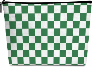 Green Checkered Makeup Bag, Cosmetic Bag Pouch for Women, Large Capacity Portable Toiletries Zipper Pouch for Women Sister Friends Girls Ladies-B23
