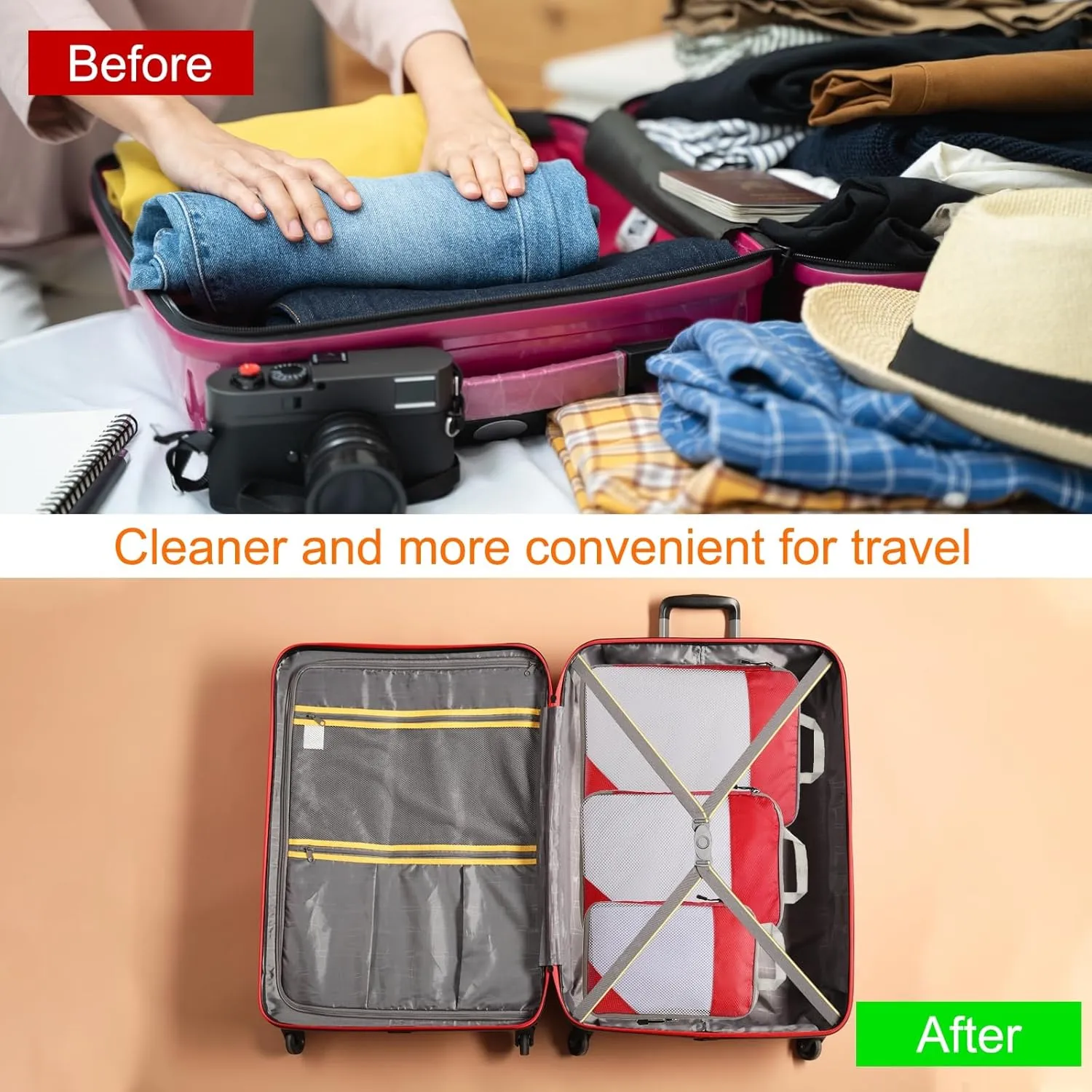 HARFINGTON 3pcs Compression Packing Cube for Suitcases Lightweight Luggage Organizers Bag Travel Essentials Compression Bags for Carry on Suitcases, Red