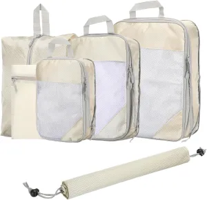 HARFINGTON 6pcs Compression Packing Cube for Suitcases Lightweight Luggage Organizers Bag Expandable Storage Travel Essentials Compression Bags for Carry on Suitcases, Beige