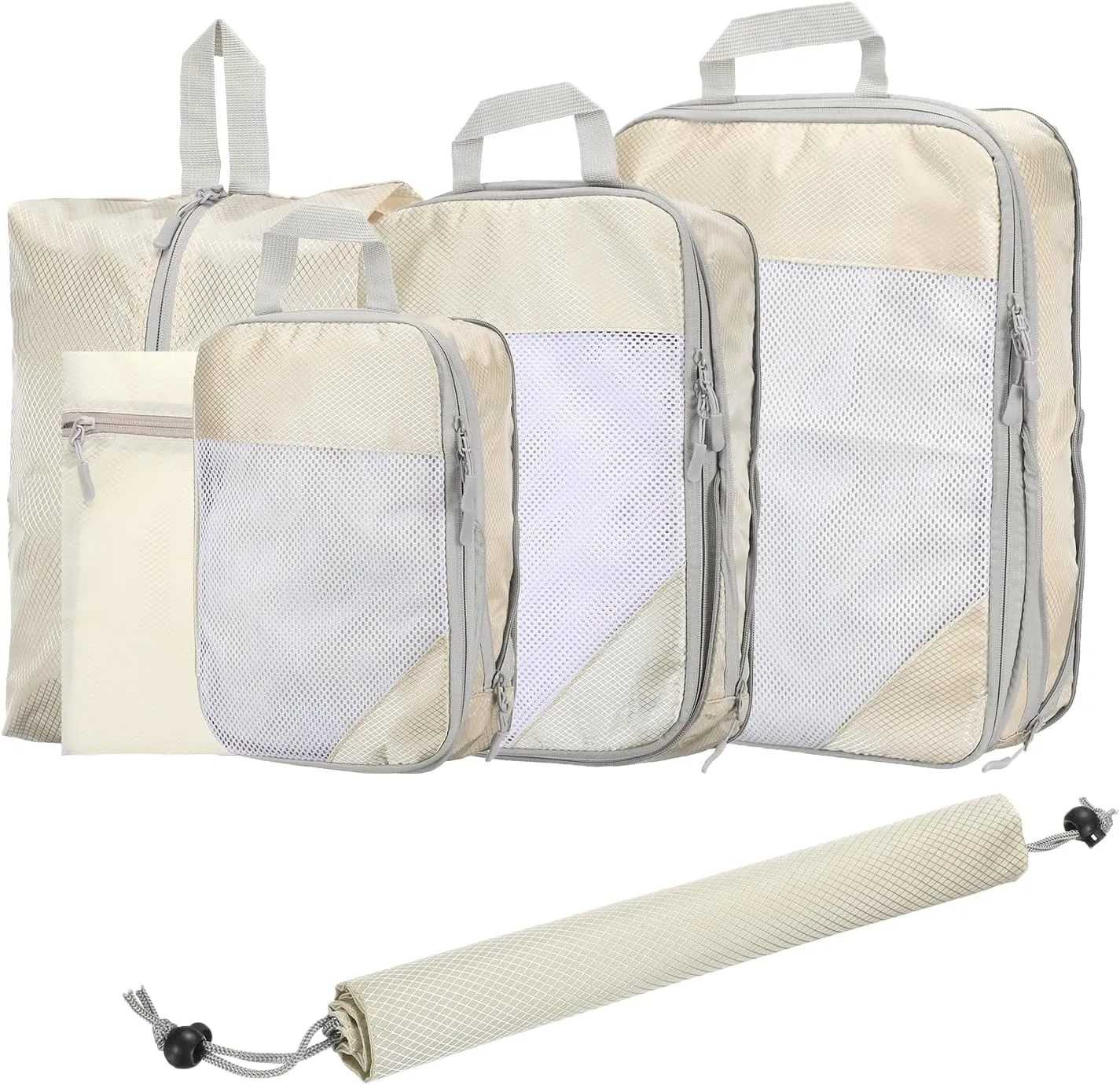 HARFINGTON 6pcs Compression Packing Cube for Suitcases Lightweight Luggage Organizers Bag Expandable Storage Travel Essentials Compression Bags for Carry on Suitcases, Beige
