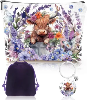 Highland Cow Gifts for Women - Spring Highland Cow Floral Makeup Bag and Cute Cattle Keychain, Western Gifts for Animal Lovers, Christmas Birthday Present for Friends Sister Mom