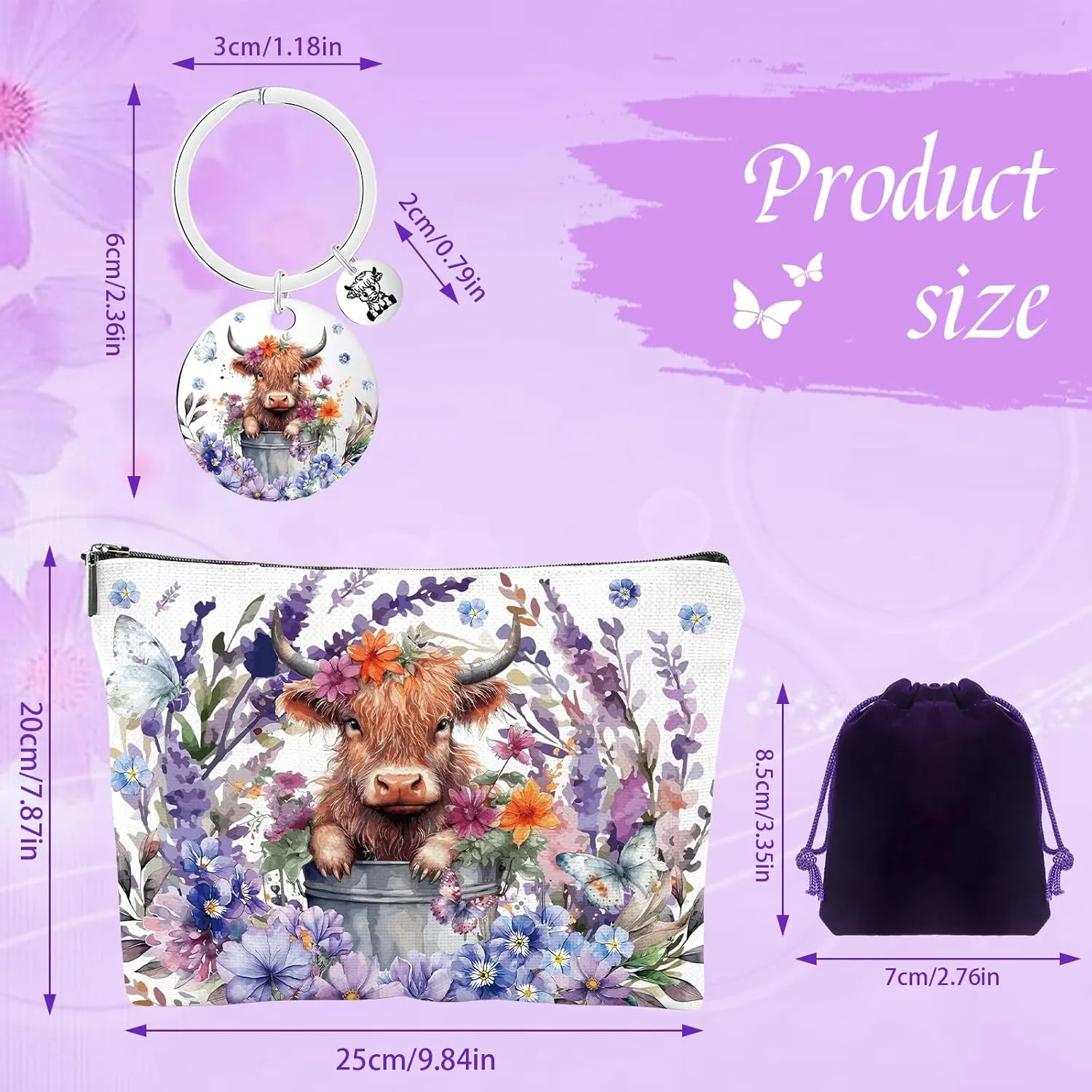 Highland Cow Gifts for Women - Spring Highland Cow Floral Makeup Bag and Cute Cattle Keychain, Western Gifts for Animal Lovers, Christmas Birthday Present for Friends Sister Mom