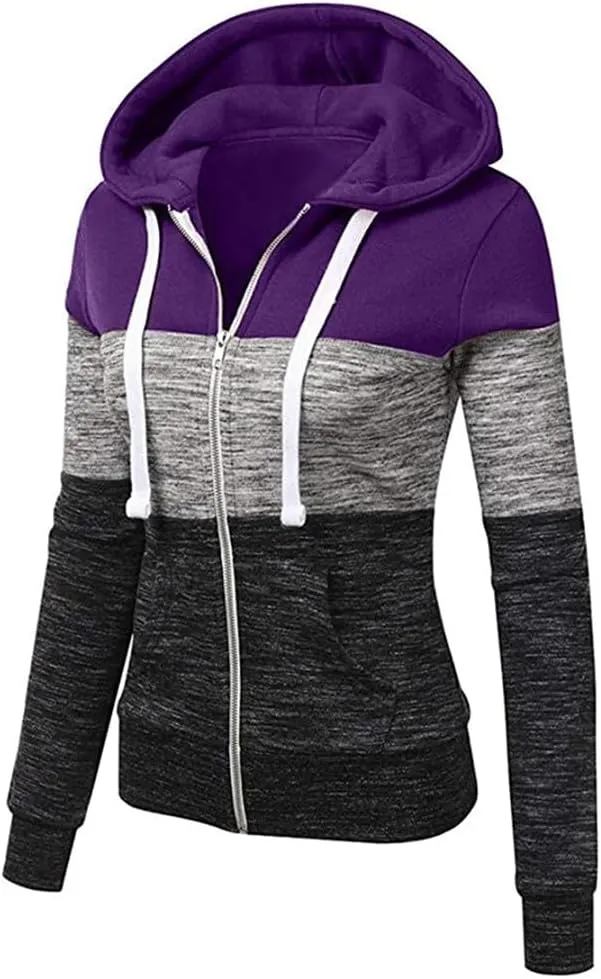 Hoodies for Women Color Block Hooded Sweatshirt Basic Zip-Up Jersey Jacket Long Sleeve Top with Pockets Plus Size