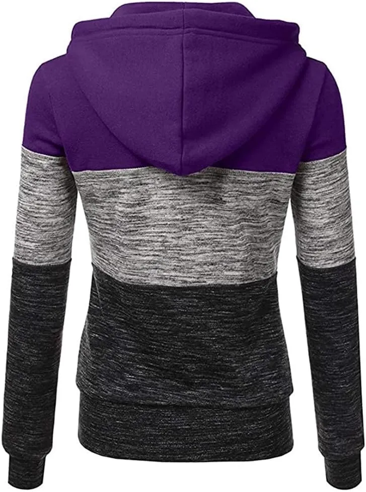 Hoodies for Women Color Block Hooded Sweatshirt Basic Zip-Up Jersey Jacket Long Sleeve Top with Pockets Plus Size