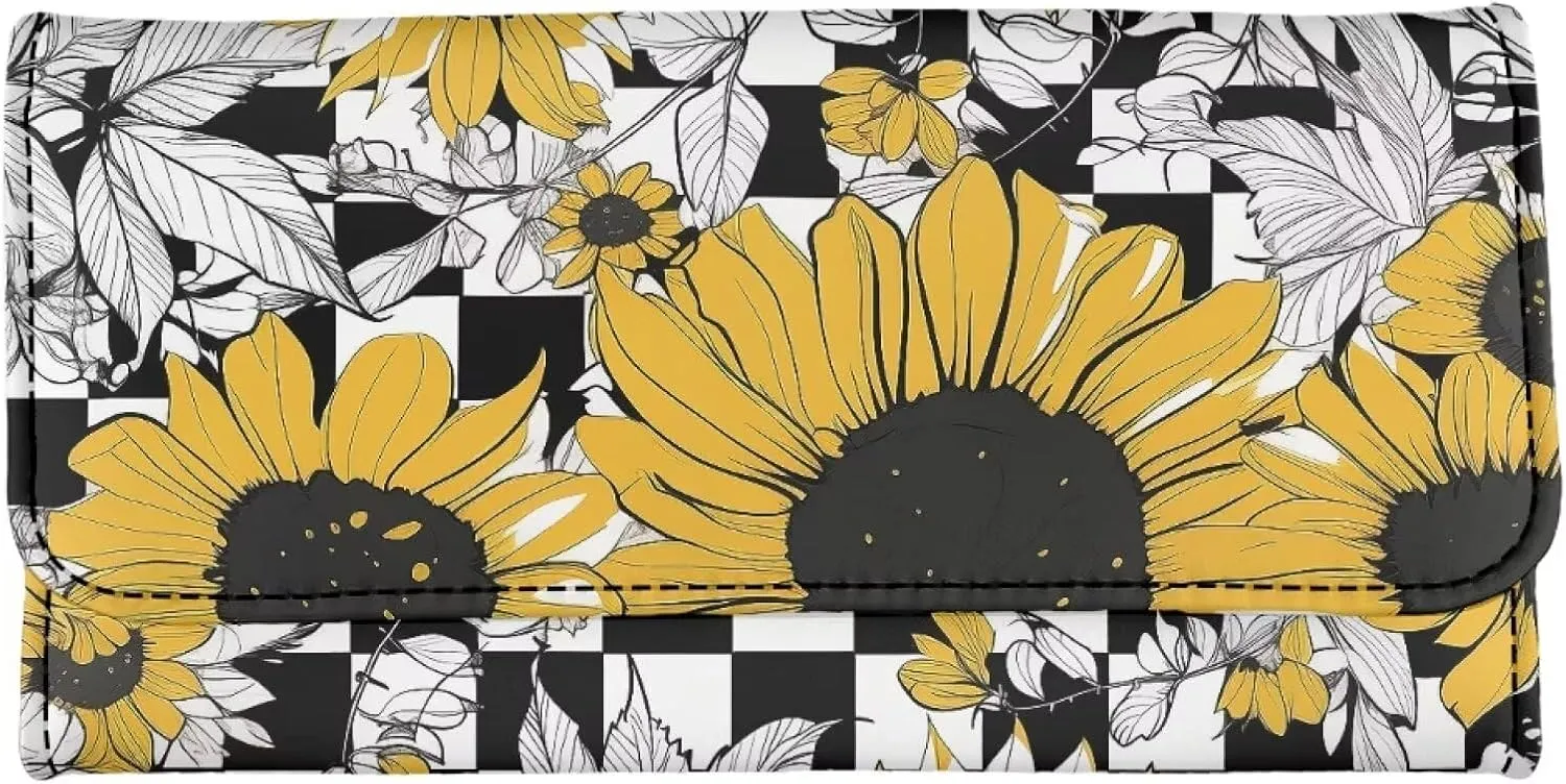 Howilath Adorable Panda Sunflower Printed Women Trifold Wallet Large Capacity Credit Card Holder Organizer Clutch Purse Travel Money Bags