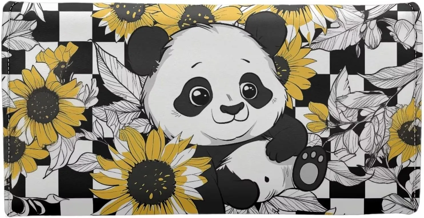 Howilath Adorable Panda Sunflower Printed Women Trifold Wallet Large Capacity Credit Card Holder Organizer Clutch Purse Travel Money Bags