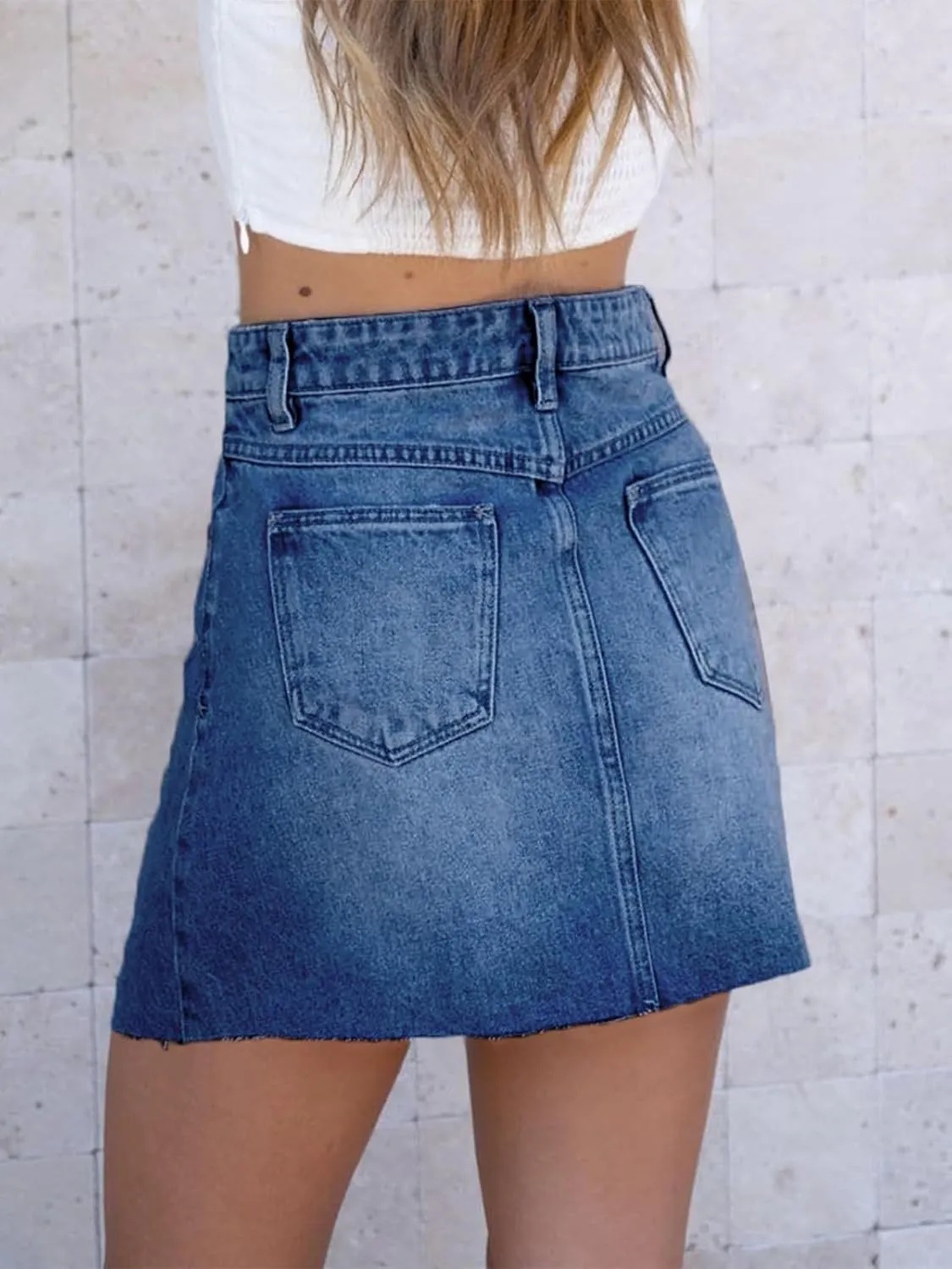 imesrun Womens Mini Denim Skirts Causal High Waisted Cute Asymmetrical Hem Summer Short Jean Skirts with Pockets