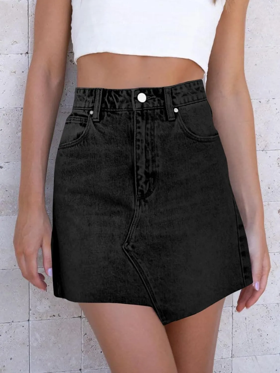 imesrun Womens Mini Denim Skirts Causal High Waisted Cute Asymmetrical Hem Summer Short Jean Skirts with Pockets