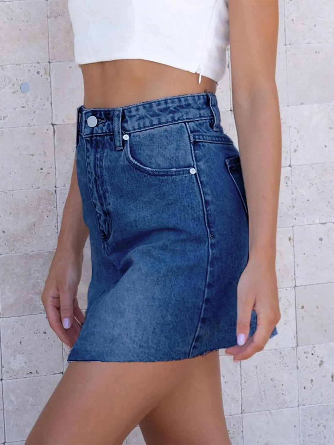 imesrun Womens Mini Denim Skirts Causal High Waisted Cute Asymmetrical Hem Summer Short Jean Skirts with Pockets