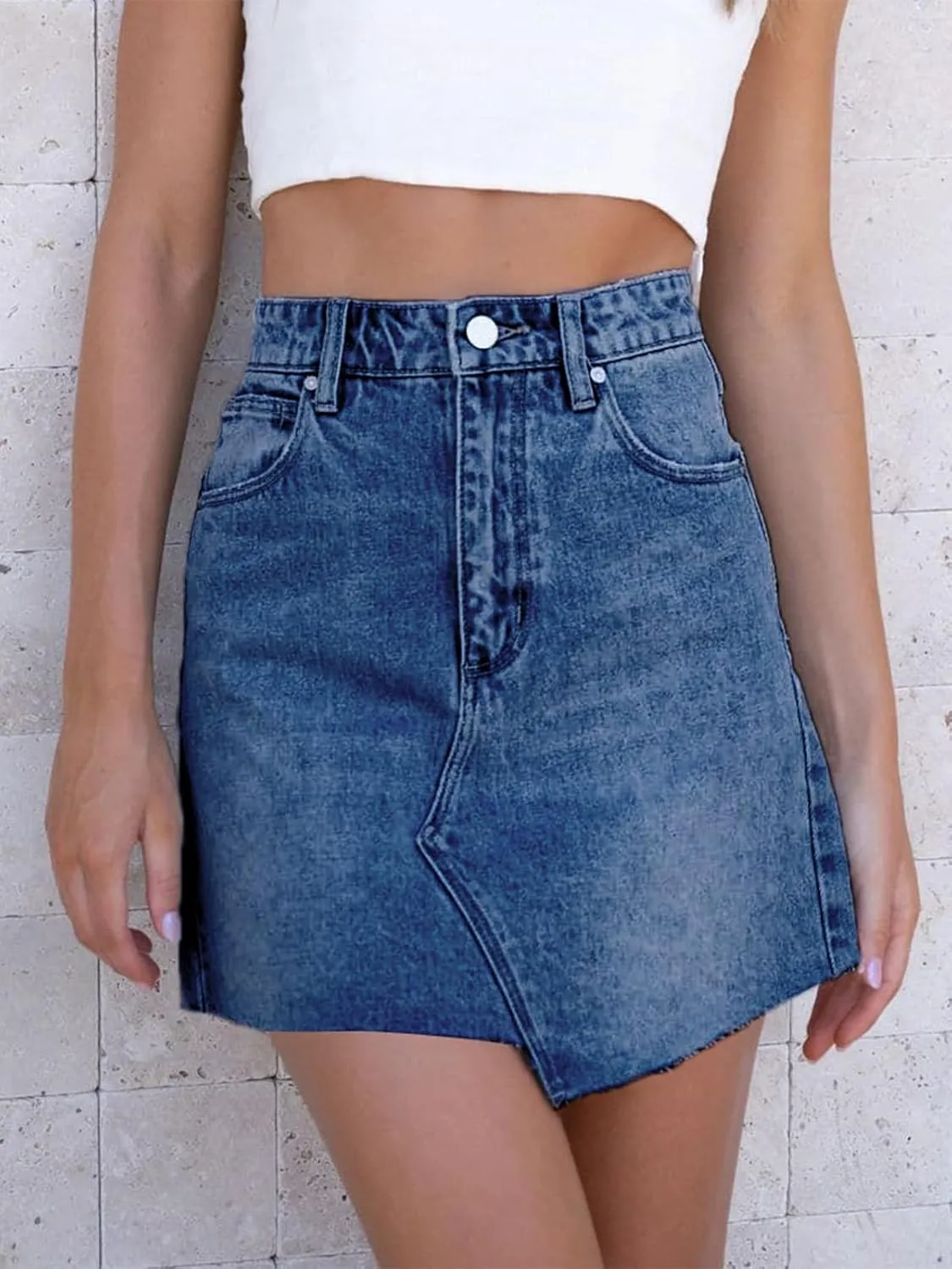 imesrun Womens Mini Denim Skirts Causal High Waisted Cute Asymmetrical Hem Summer Short Jean Skirts with Pockets