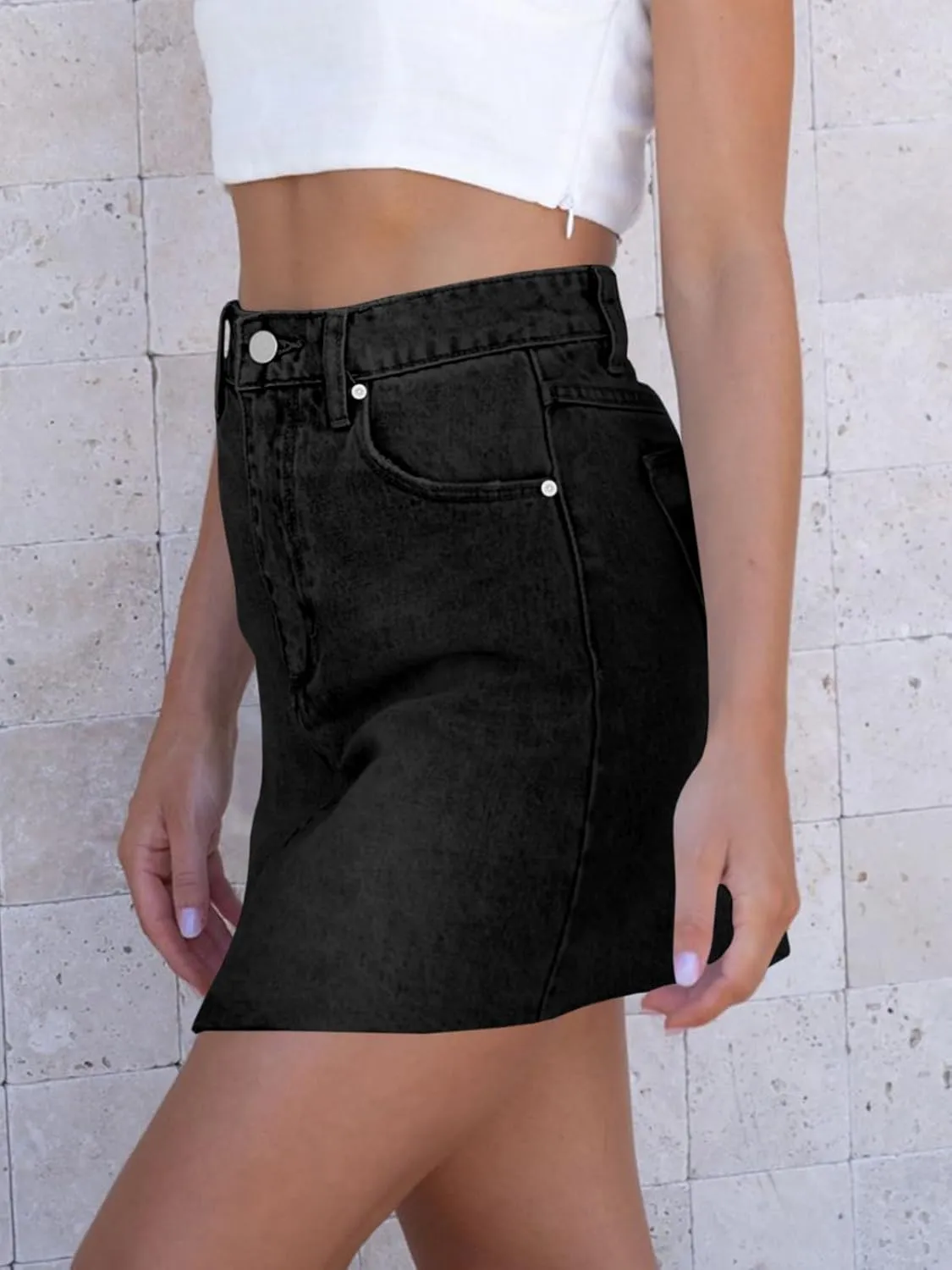 imesrun Womens Mini Denim Skirts Causal High Waisted Cute Asymmetrical Hem Summer Short Jean Skirts with Pockets