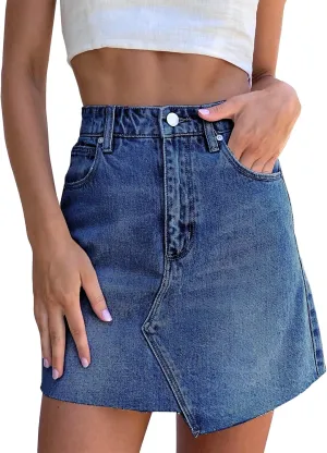 imesrun Womens Mini Denim Skirts Causal High Waisted Cute Asymmetrical Hem Summer Short Jean Skirts with Pockets