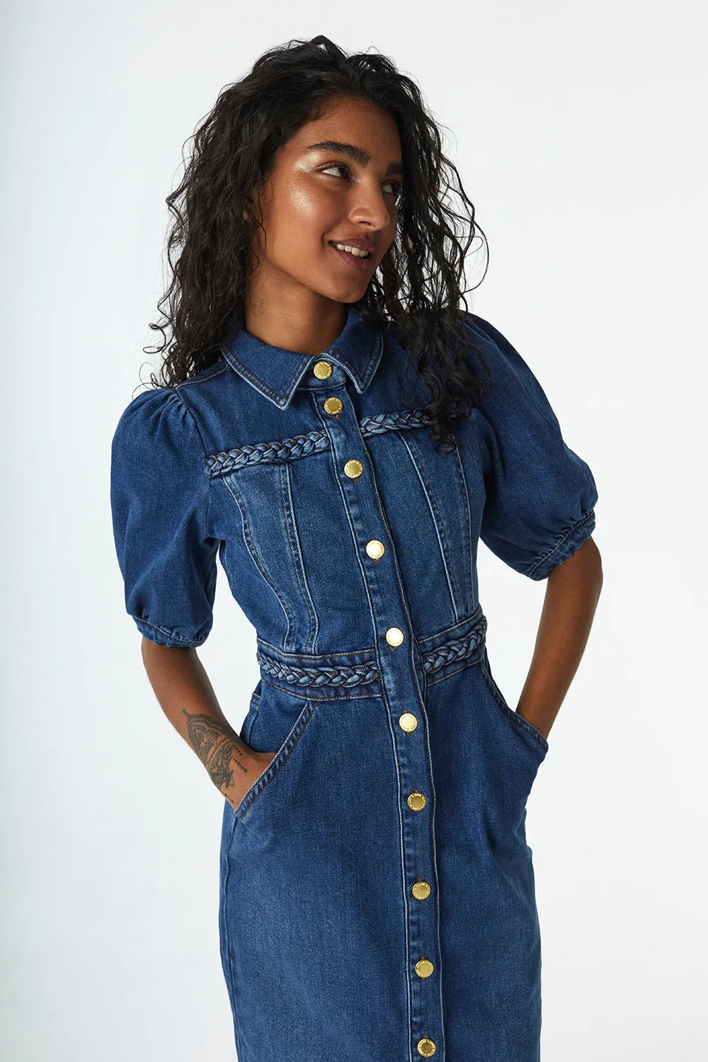 Indigo Plait Detail Denim Dress