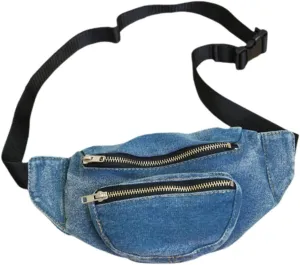 Jean Fanny Pack for Women Lightweight Denim Pouch Elastic Waistband Crossbody Pouch Dark Blue Waist Bag