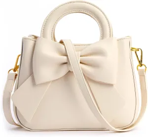 JHVYF Girls Mini Handbag Cute Pu Leather Shoulder Bags for Women Satchel Bag Fashion Crossbody Purse with Bow Beige