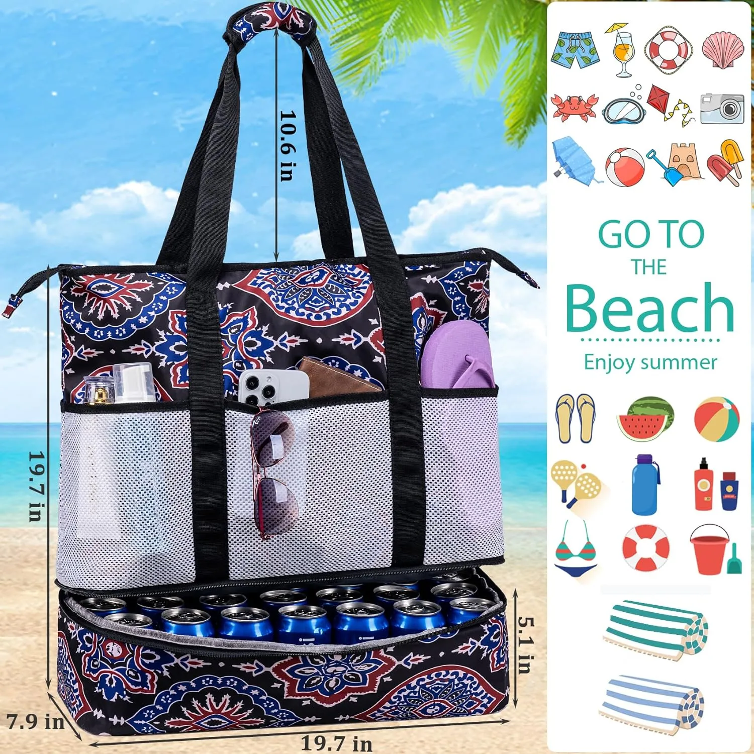 JIANYA Beach Bag XL Women Waterproof Beach Tote Pool Bags with Cooler Sandproof Beach Essentials for Beach Vacation Travel