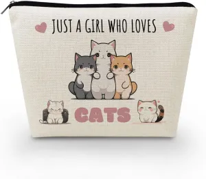 Just Love Cats Makeup Bag Cartoon Cat Pattern Canvas Toiletry Organizer Zipper Pouch Adorable Cartoon Cat Cosmetic Bag Birthday Present for Cat Lovers Cat Mom Women