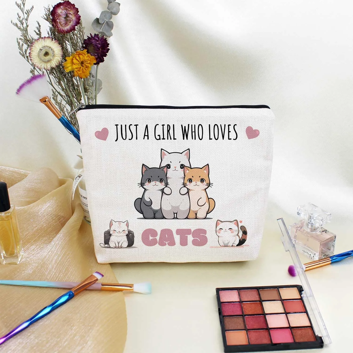 Just Love Cats Makeup Bag Cartoon Cat Pattern Canvas Toiletry Organizer Zipper Pouch Adorable Cartoon Cat Cosmetic Bag Birthday Present for Cat Lovers Cat Mom Women