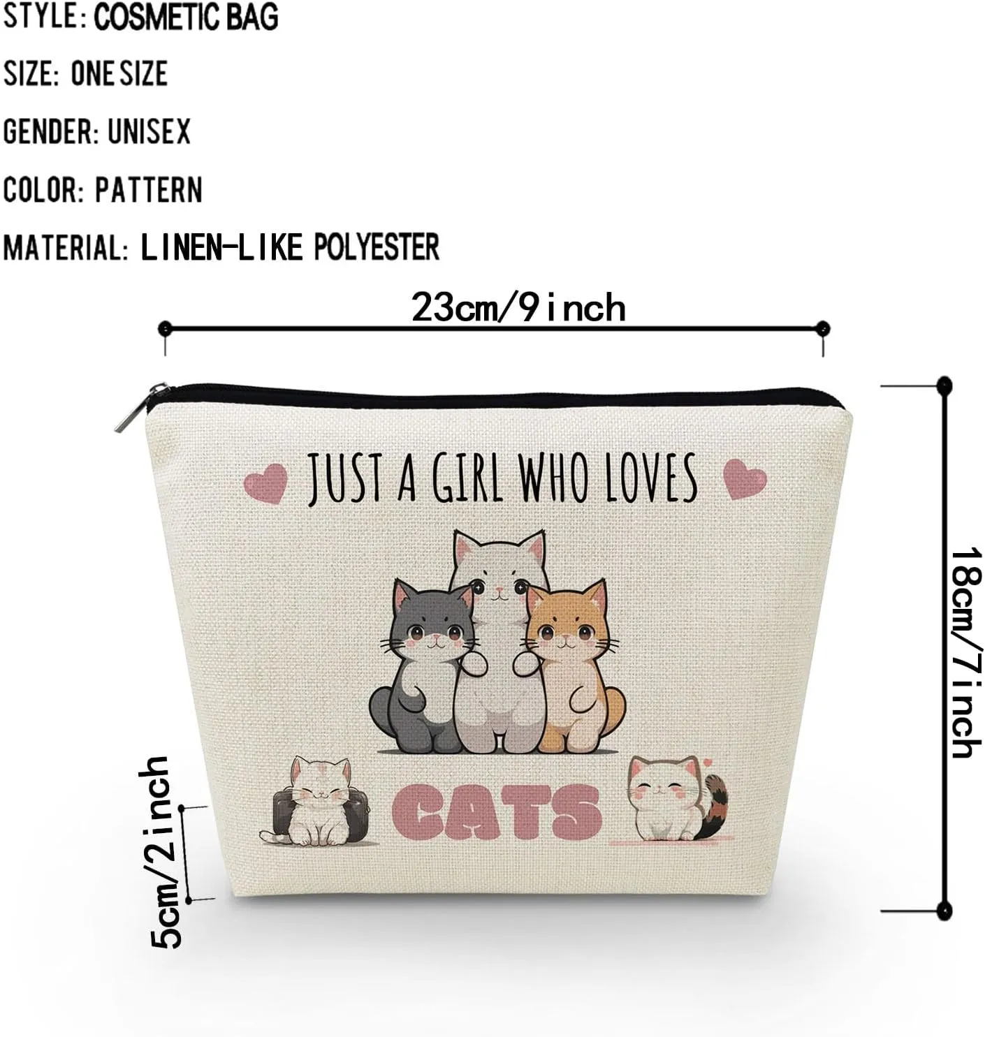 Just Love Cats Makeup Bag Cartoon Cat Pattern Canvas Toiletry Organizer Zipper Pouch Adorable Cartoon Cat Cosmetic Bag Birthday Present for Cat Lovers Cat Mom Women