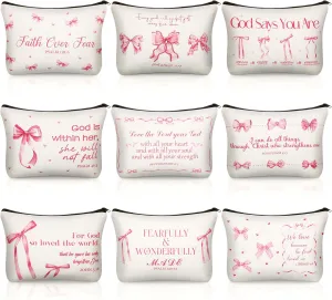 Kacctyen 9 Pcs Pink Bow Bible Verse Makeup Bag for Women Coquette Christian Cosmetic Bag Bulk Preppy Inspirational Christian Gift Scripture Zipper Pouch Religious Faith Based Gifts