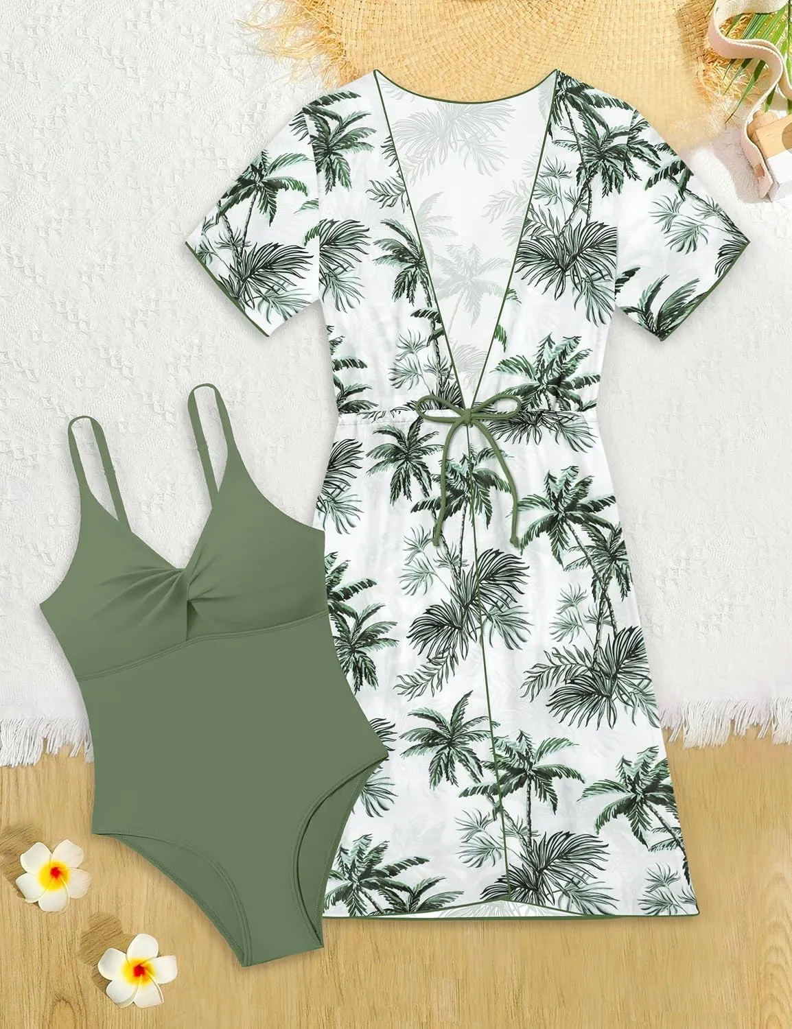 KANGKANG Girls Swimsuit, Solid Color Girl One Piece Swimsuits with Tropical Print Drawstring Cover Up Bathing Suits Set 9-16Y