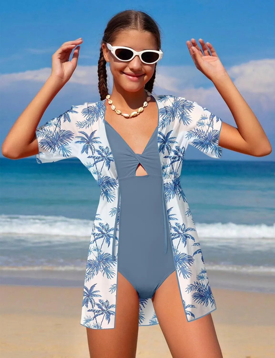 KANGKANG Girls Swimsuit, Solid Color Girl One Piece Swimsuits with Tropical Print Drawstring Cover Up Bathing Suits Set 9-16Y