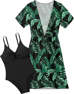 KANGKANG Girls Swimsuit, Solid Color Girl One Piece Swimsuits with Tropical Print Drawstring Cover Up Bathing Suits Set 9-16Y