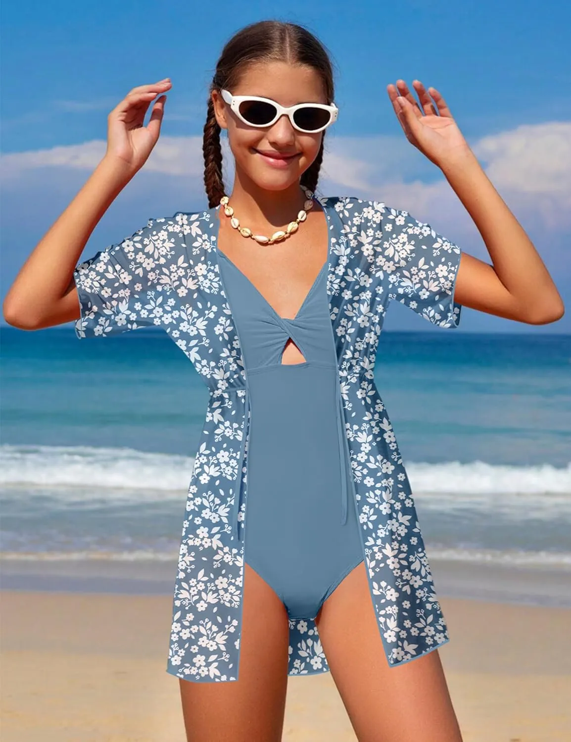 KANGKANG Girls Swimsuit, Solid Color Girl One Piece Swimsuits with Tropical Print Drawstring Cover Up Bathing Suits Set 9-16Y