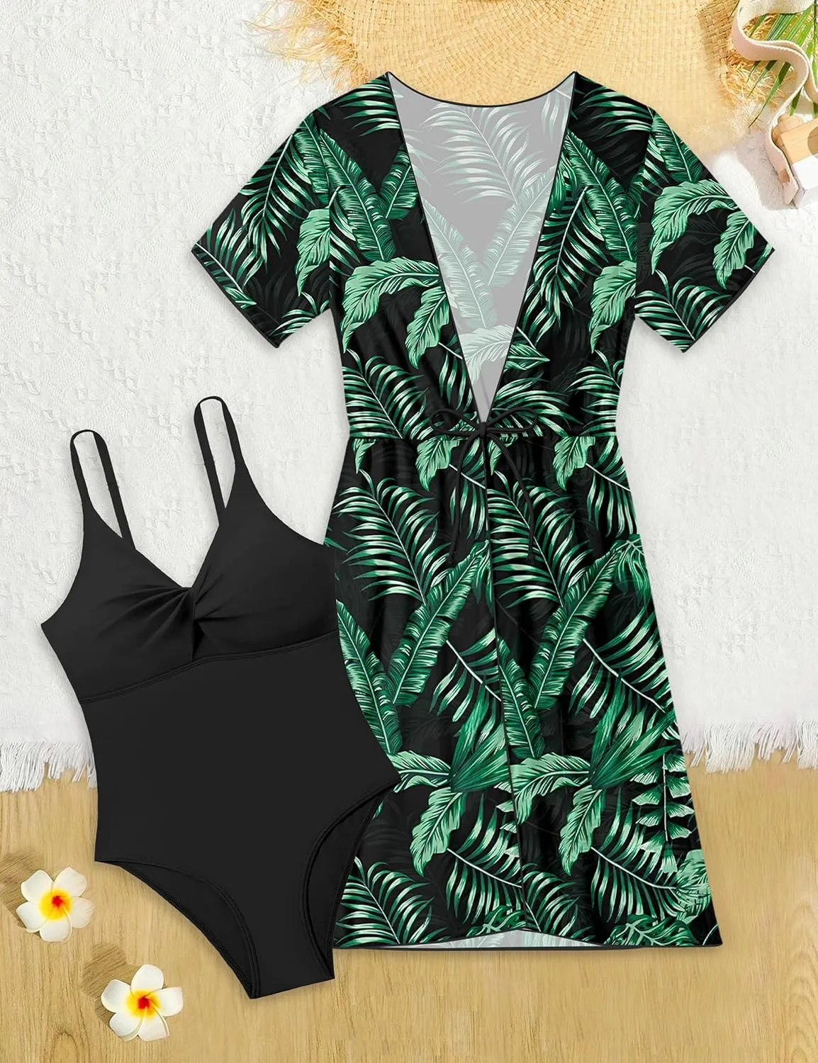KANGKANG Girls Swimsuit, Solid Color Girl One Piece Swimsuits with Tropical Print Drawstring Cover Up Bathing Suits Set 9-16Y
