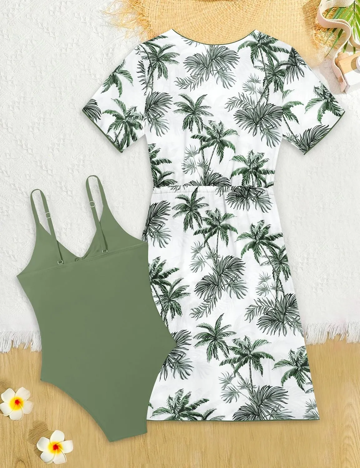 KANGKANG Girls Swimsuit, Solid Color Girl One Piece Swimsuits with Tropical Print Drawstring Cover Up Bathing Suits Set 9-16Y