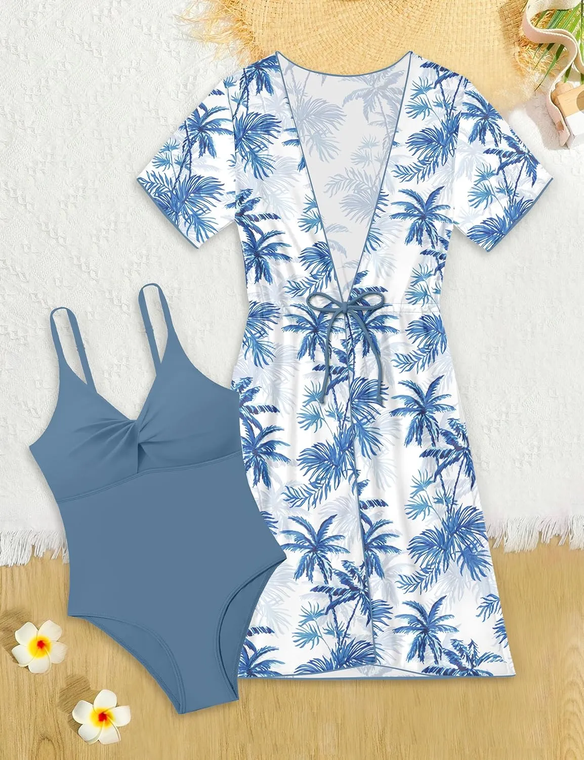KANGKANG Girls Swimsuit, Solid Color Girl One Piece Swimsuits with Tropical Print Drawstring Cover Up Bathing Suits Set 9-16Y
