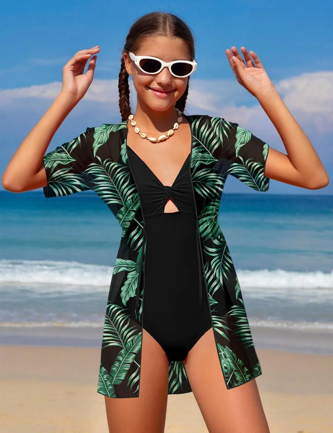 KANGKANG Girls Swimsuit, Solid Color Girl One Piece Swimsuits with Tropical Print Drawstring Cover Up Bathing Suits Set 9-16Y