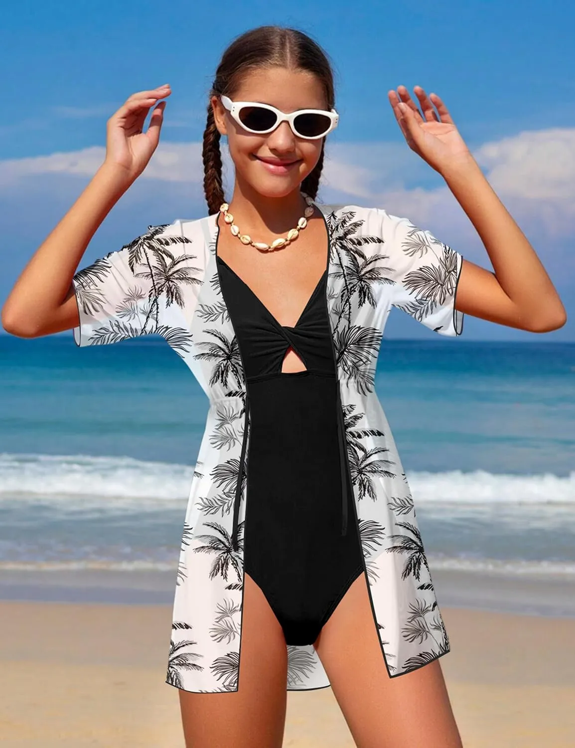 KANGKANG Girls Swimsuit, Solid Color Girl One Piece Swimsuits with Tropical Print Drawstring Cover Up Bathing Suits Set 9-16Y