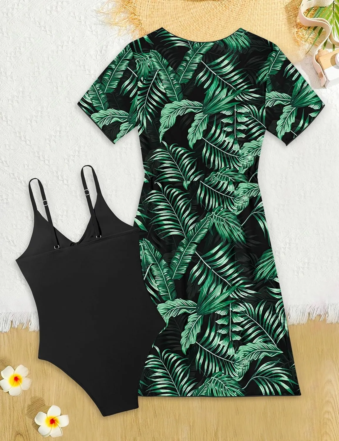KANGKANG Girls Swimsuit, Solid Color Girl One Piece Swimsuits with Tropical Print Drawstring Cover Up Bathing Suits Set 9-16Y