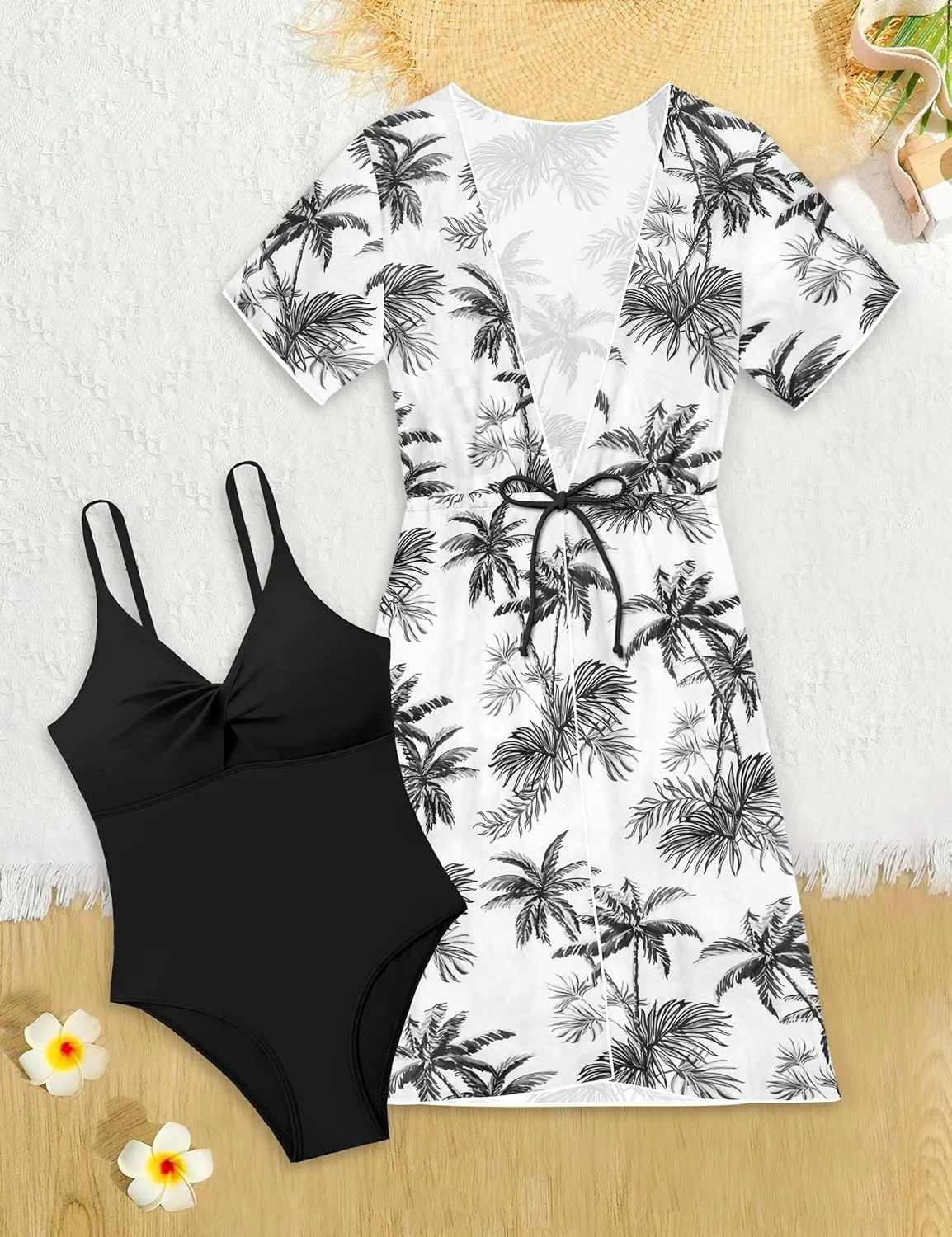 KANGKANG Girls Swimsuit, Solid Color Girl One Piece Swimsuits with Tropical Print Drawstring Cover Up Bathing Suits Set 9-16Y