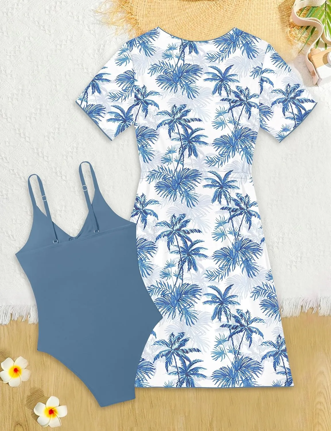 KANGKANG Girls Swimsuit, Solid Color Girl One Piece Swimsuits with Tropical Print Drawstring Cover Up Bathing Suits Set 9-16Y