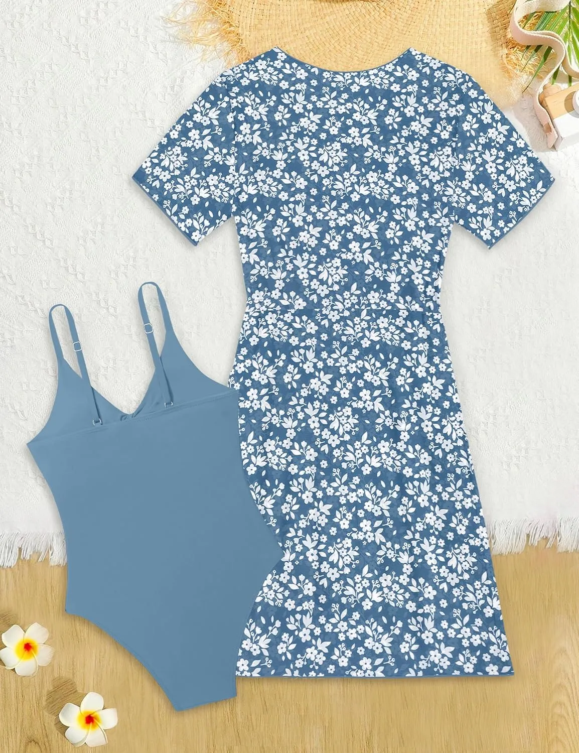 KANGKANG Girls Swimsuit, Solid Color Girl One Piece Swimsuits with Tropical Print Drawstring Cover Up Bathing Suits Set 9-16Y