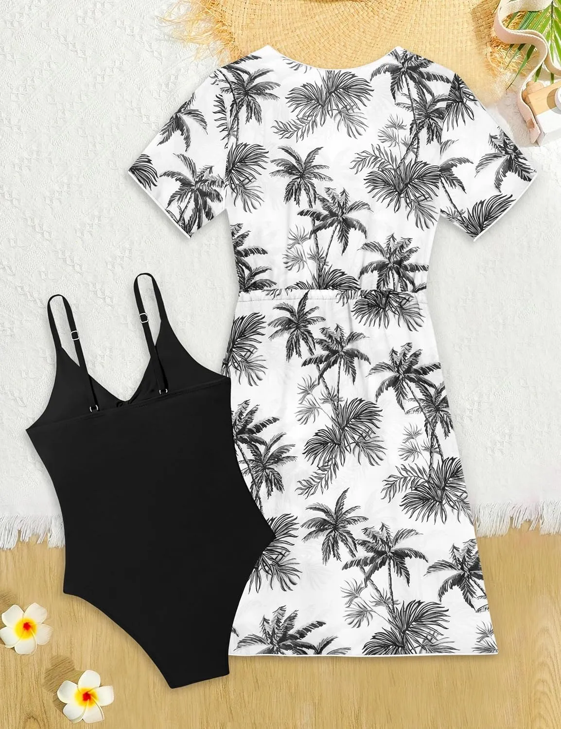 KANGKANG Girls Swimsuit, Solid Color Girl One Piece Swimsuits with Tropical Print Drawstring Cover Up Bathing Suits Set 9-16Y