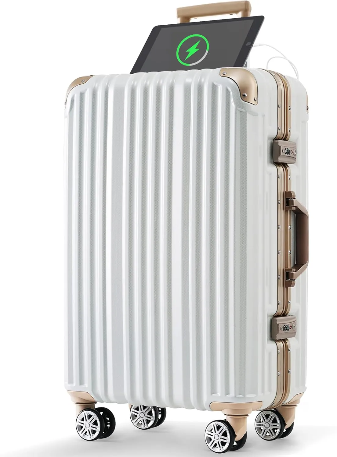 Kangmusi 1pc 24in Aluminum Frame Luggage with USB port, Vacation Carry-On Suitcase with Spinner Wheels and TSA Lock, Travel Trolley Case For Short Business Trips, moonlight