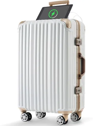 Kangmusi 1pc 24in Aluminum Frame Luggage with USB port, Vacation Carry-On Suitcase with Spinner Wheels and TSA Lock, Travel Trolley Case For Short Business Trips, moonlight