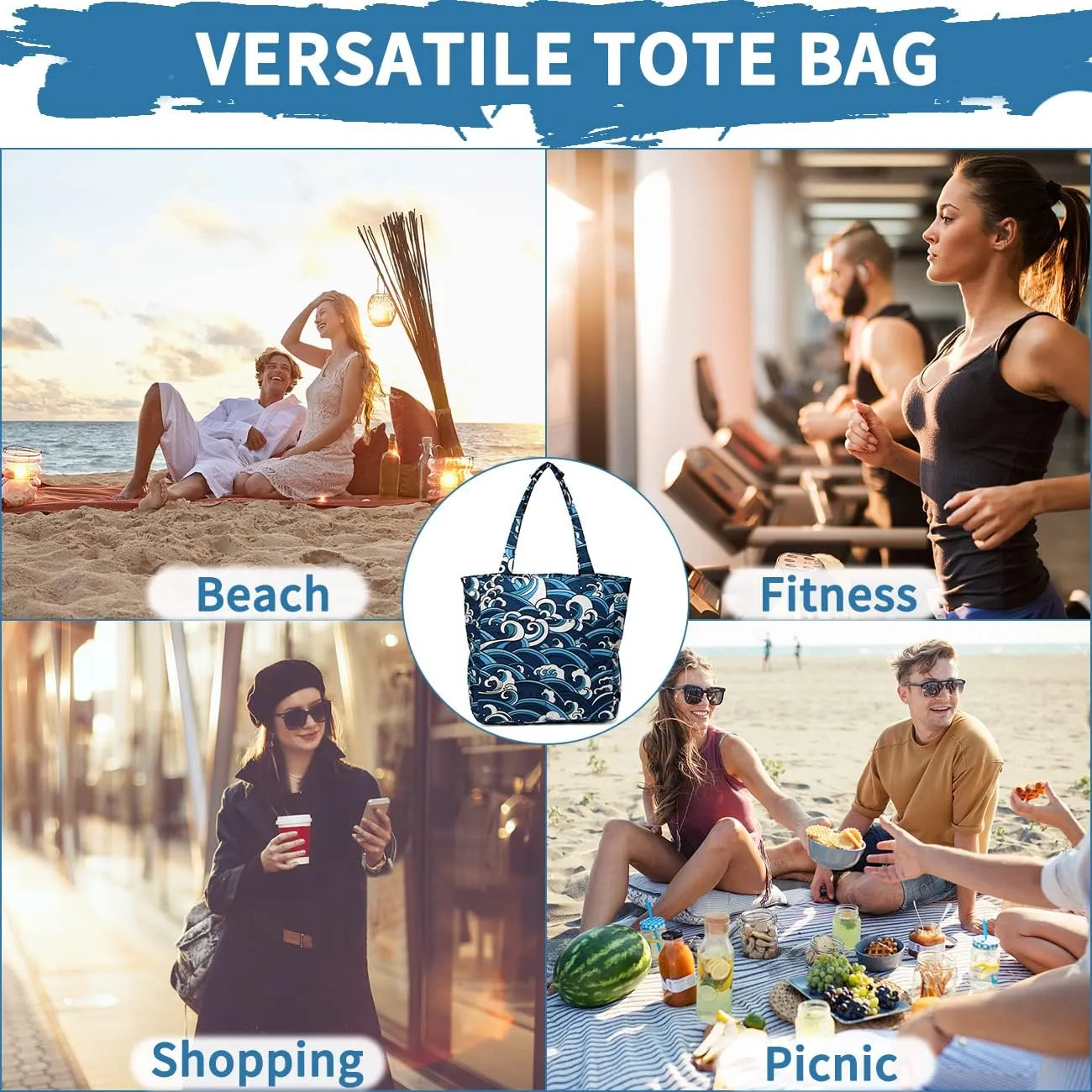 Kasqo Beach Tote Bags for Women, Waterproof Sandproof Large Pool Bag Stylish Zipper Beach Tote for Gym Travel Shopping School