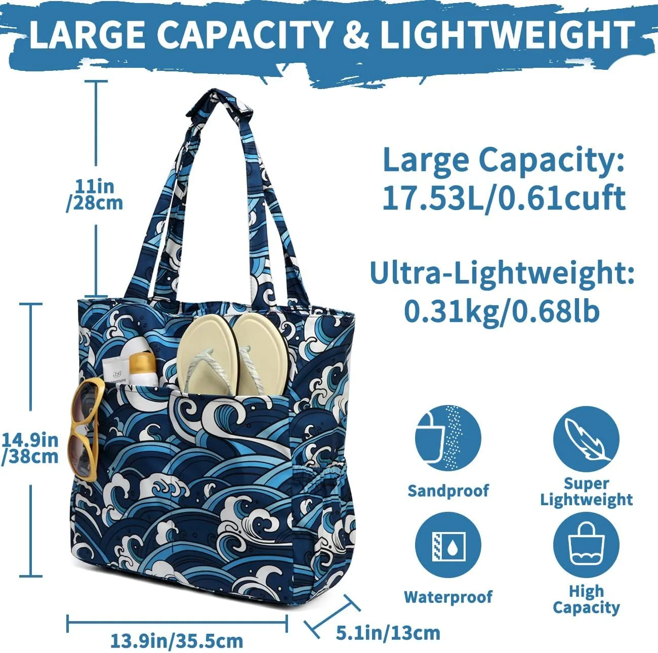 Kasqo Beach Tote Bags for Women, Waterproof Sandproof Large Pool Bag Stylish Zipper Beach Tote for Gym Travel Shopping School