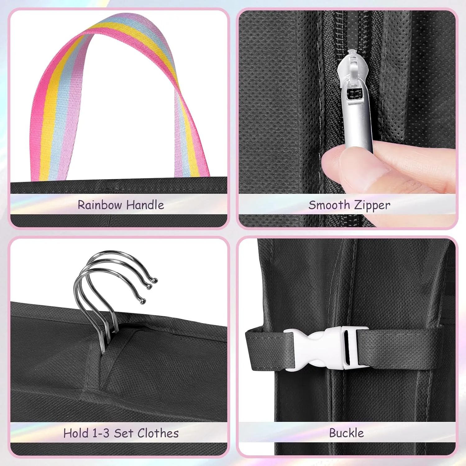 Kids Garment Bags for Dance Costumes, 40" Dance Costume Garment Bag for Dance Competition with Multi Pockets and Rainbow Handles Perfect for Dance Recitals and Practice, Black