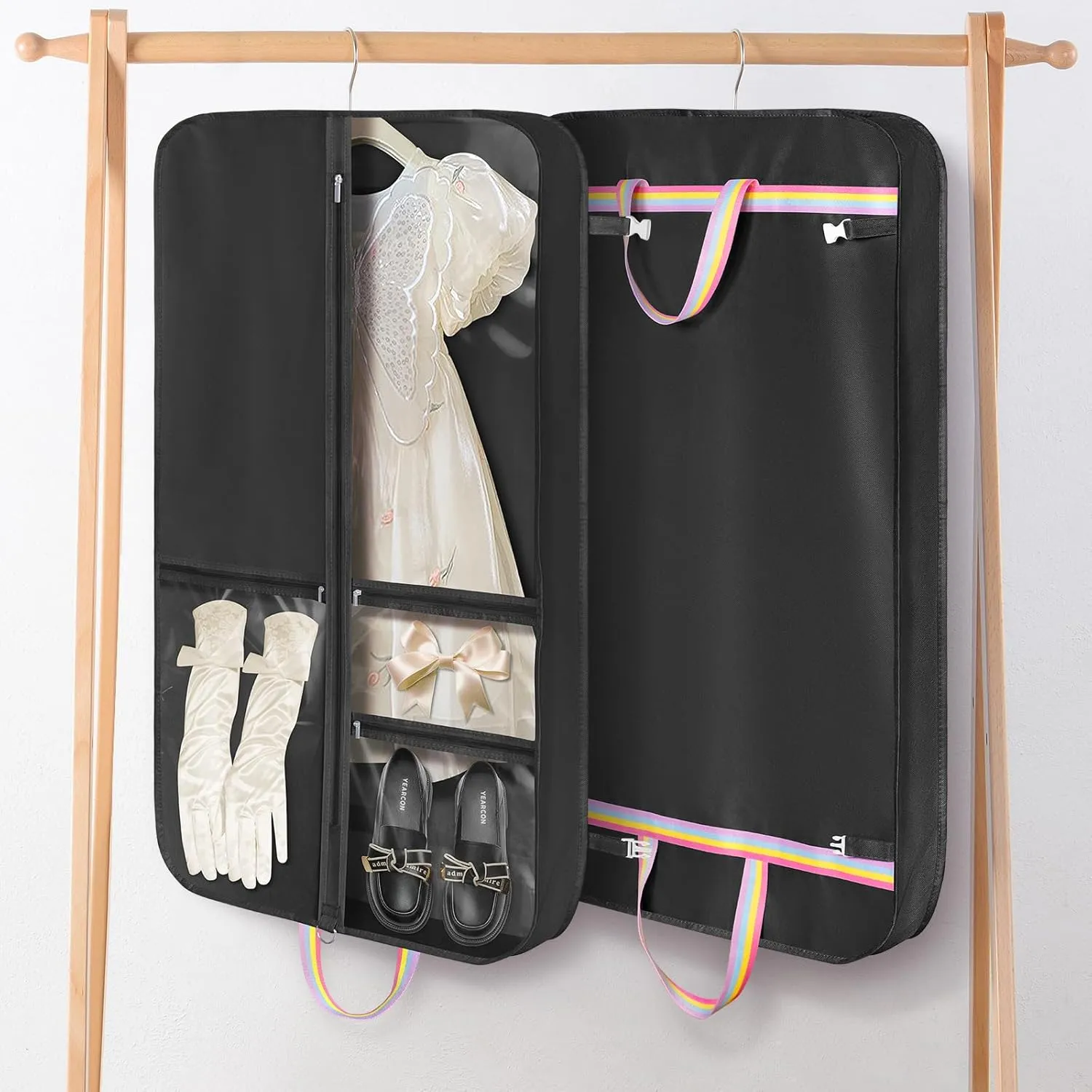 Kids Garment Bags for Dance Costumes, 40" Dance Costume Garment Bag for Dance Competition with Multi Pockets and Rainbow Handles Perfect for Dance Recitals and Practice, Black