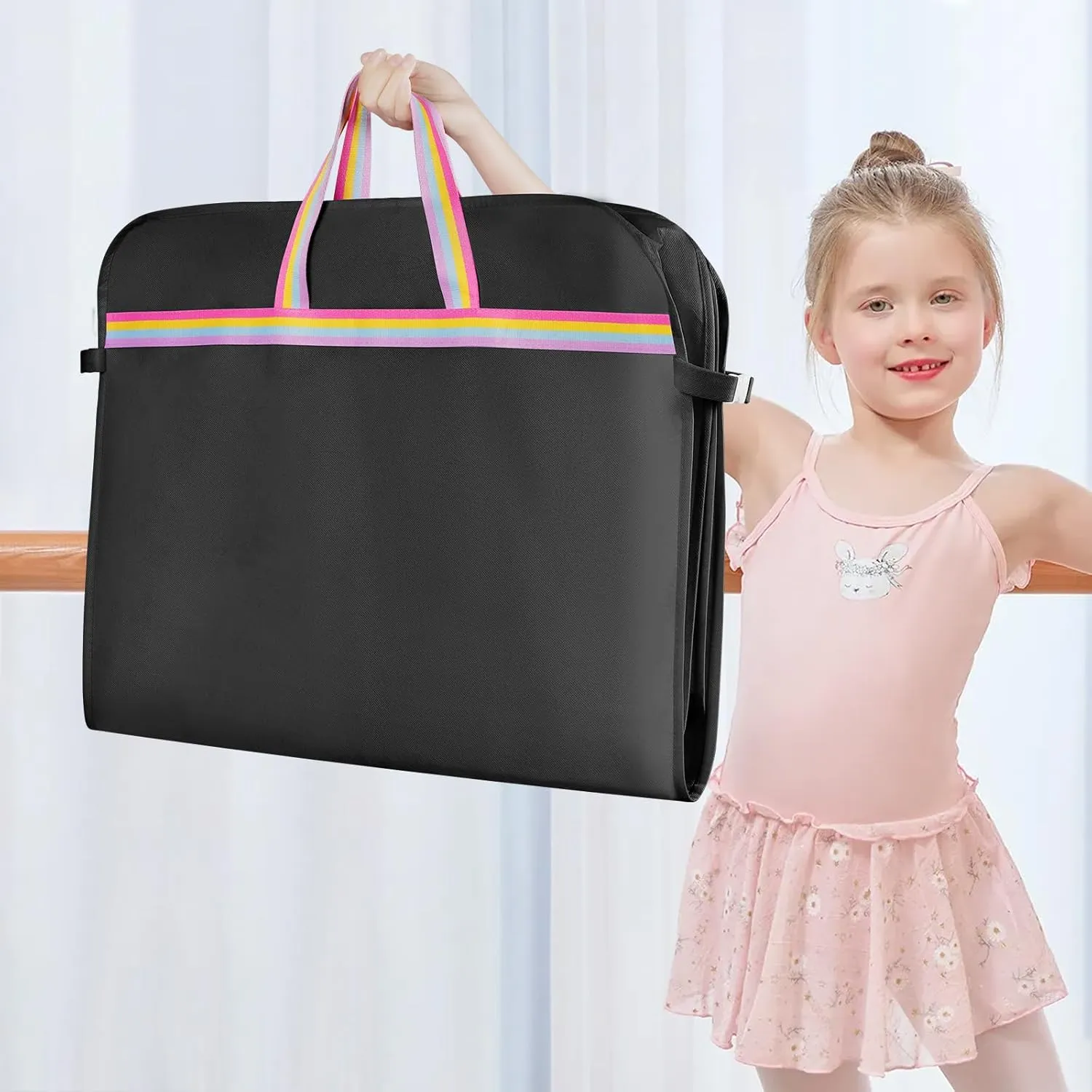 Kids Garment Bags for Dance Costumes, 40" Dance Costume Garment Bag for Dance Competition with Multi Pockets and Rainbow Handles Perfect for Dance Recitals and Practice, Black